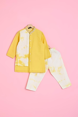Yellow Muslin Tie-Dye Kurta Set For Boys by Ritu n Usha