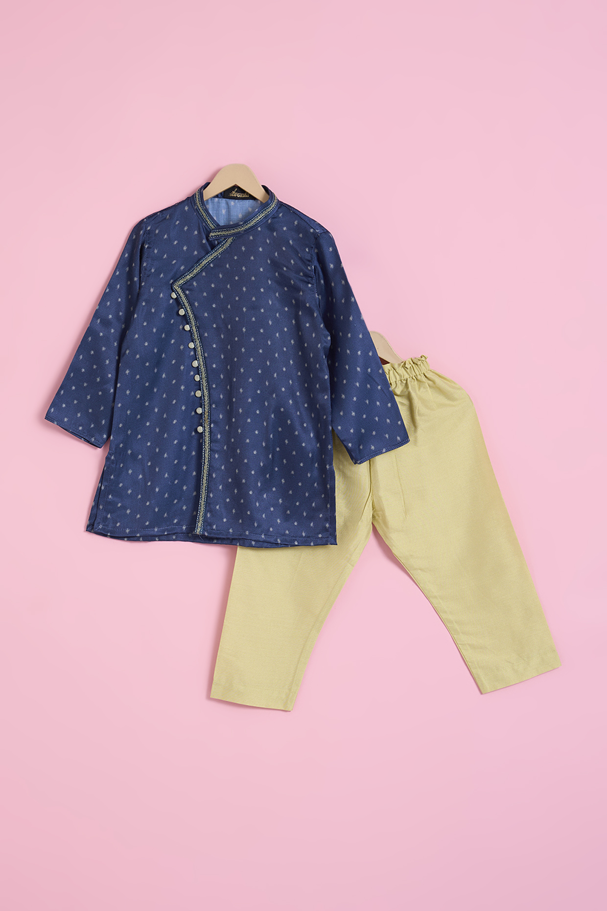 Dark Blue Silk Muslin Printed Kurta Set For Boys by Ritu n Usha