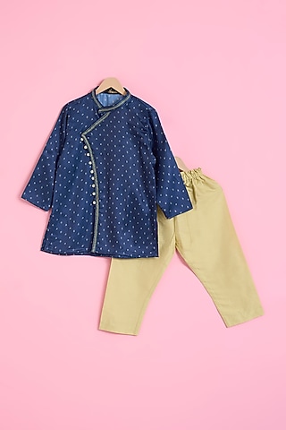 Dark Blue Silk Muslin Printed Kurta Set For Boys by Ritu n Usha
