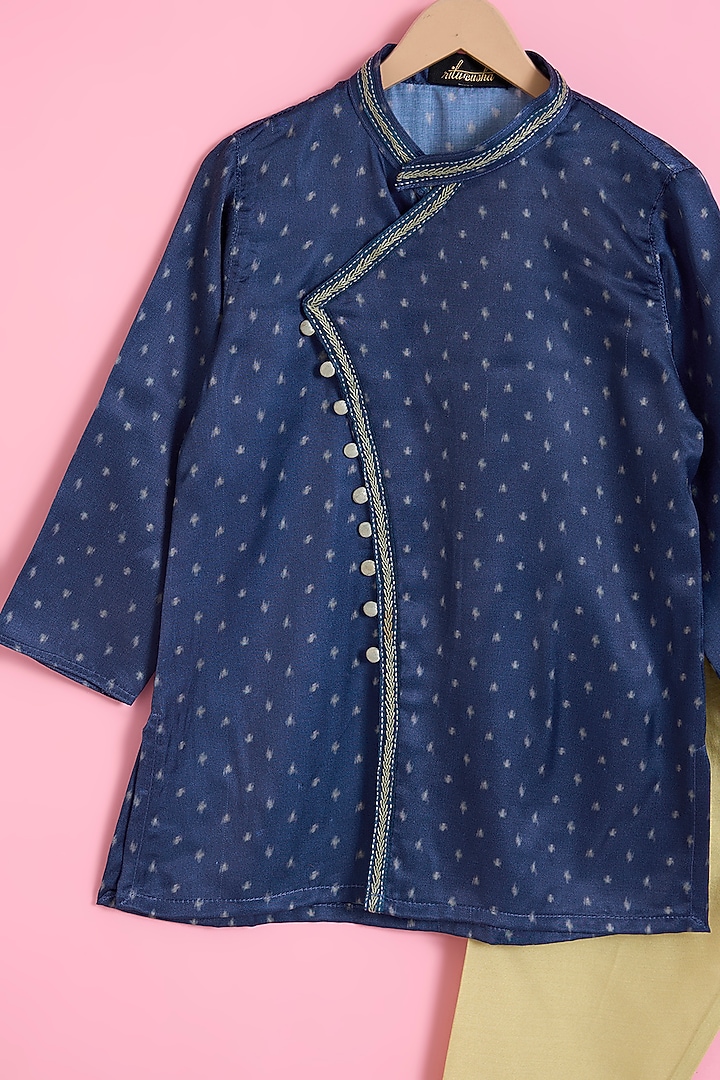 Dark Blue Silk Muslin Printed Kurta Set For Boys by Ritu n Usha at Pernia's Pop Up Shop