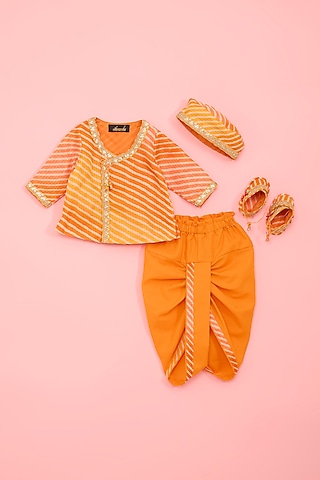 Orange Kota Printed & Embroidered Angrakha Kurta Set For Boys by Ritu n Usha