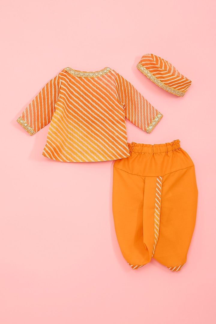Orange Kota Printed & Embroidered Angrakha Kurta Set For Boys by Ritu n Usha at Pernia's Pop Up Shop