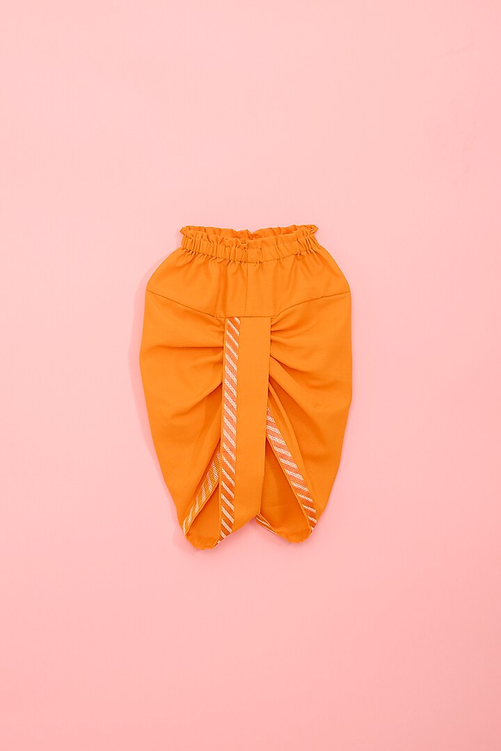 Orange Kota Printed & Embroidered Angrakha Kurta Set For Boys by Ritu n Usha at Pernia's Pop Up Shop
