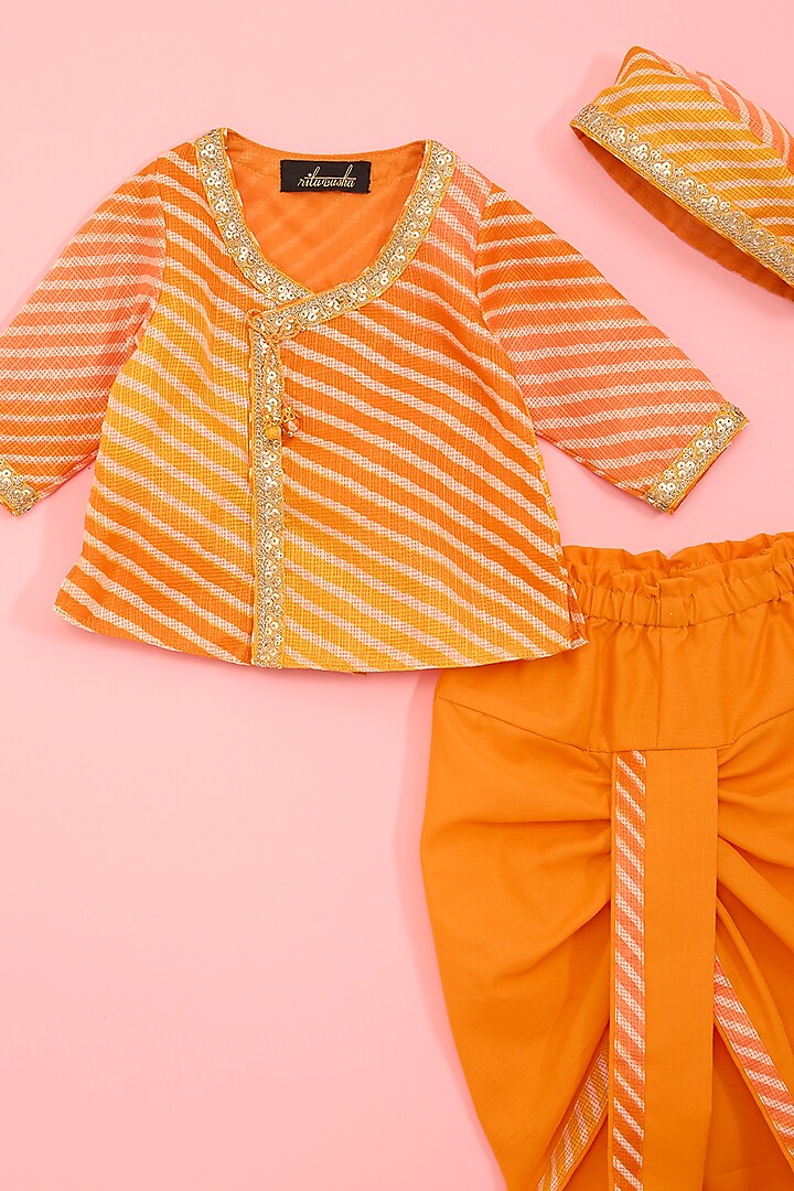 Orange Kota Printed & Embroidered Angrakha Kurta Set For Boys by Ritu n Usha at Pernia's Pop Up Shop