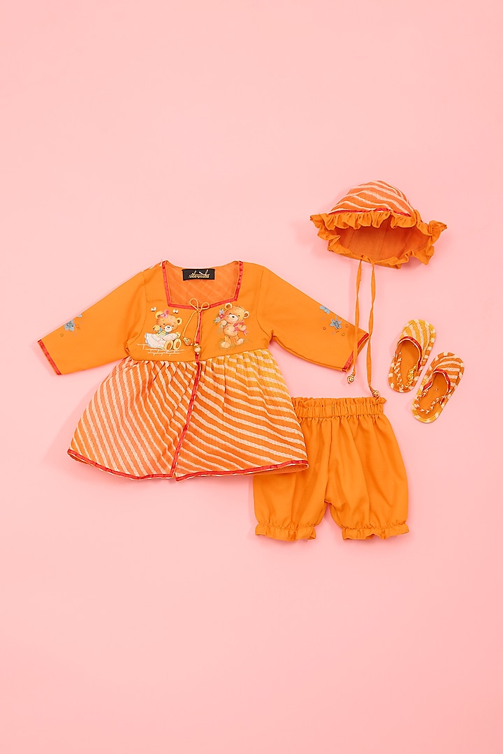 Orange Cotton & Leheriya Hand Painted Kurta Set For Girls by Ritu n Usha at Pernia's Pop Up Shop