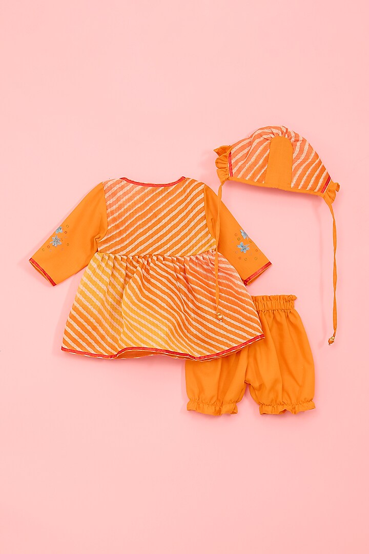 Orange Cotton & Leheriya Hand Painted Kurta Set For Girls by Ritu n Usha at Pernia's Pop Up Shop
