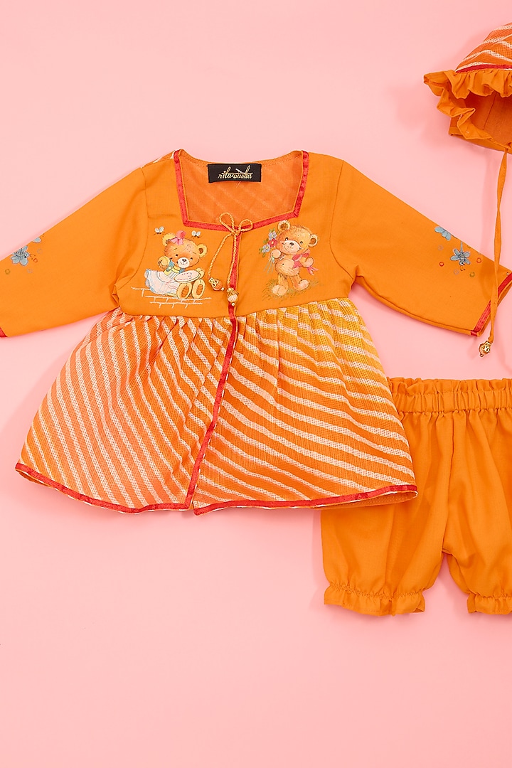 Orange Cotton & Leheriya Hand Painted Kurta Set For Girls by Ritu n Usha at Pernia's Pop Up Shop
