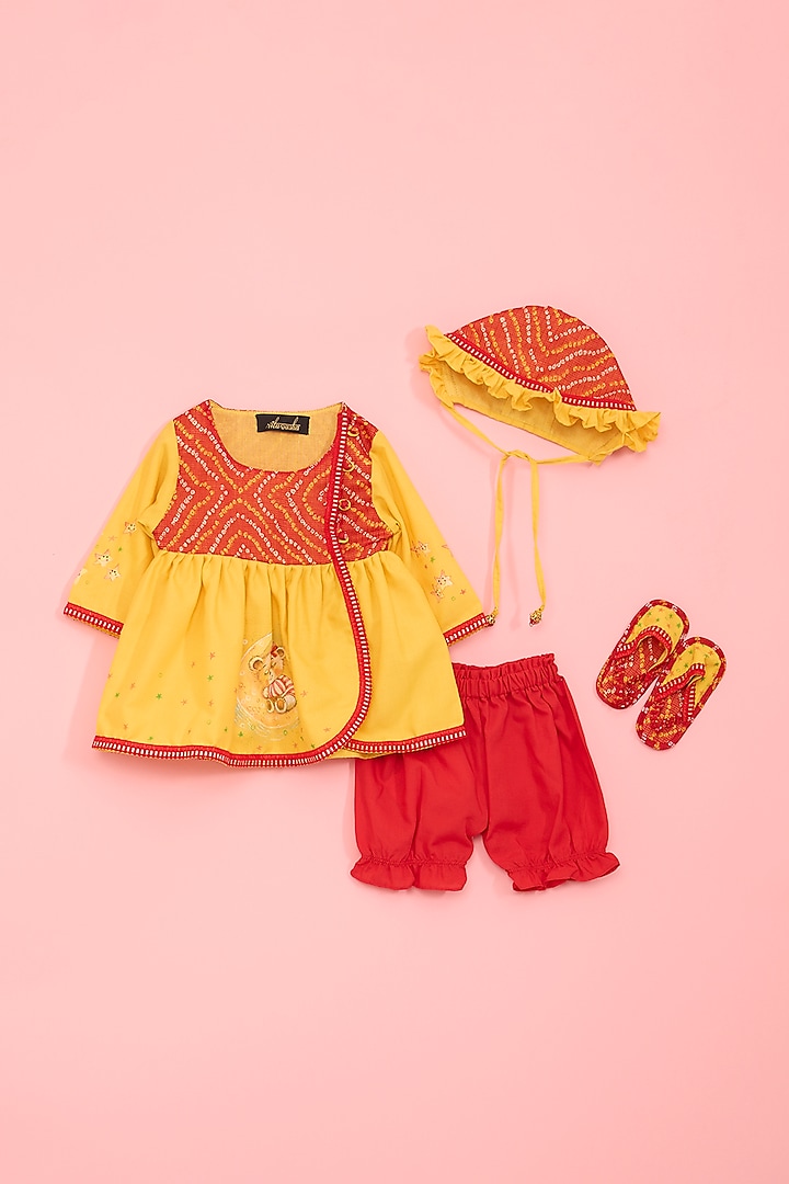 Yellow Cotton & Kota Hand Painted Kurta Set For Girls by Ritu n Usha at Pernia's Pop Up Shop