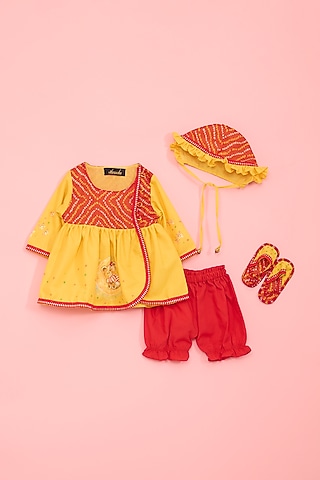 Yellow Cotton & Kota Hand Painted Kurta Set For Girls by Ritu n Usha