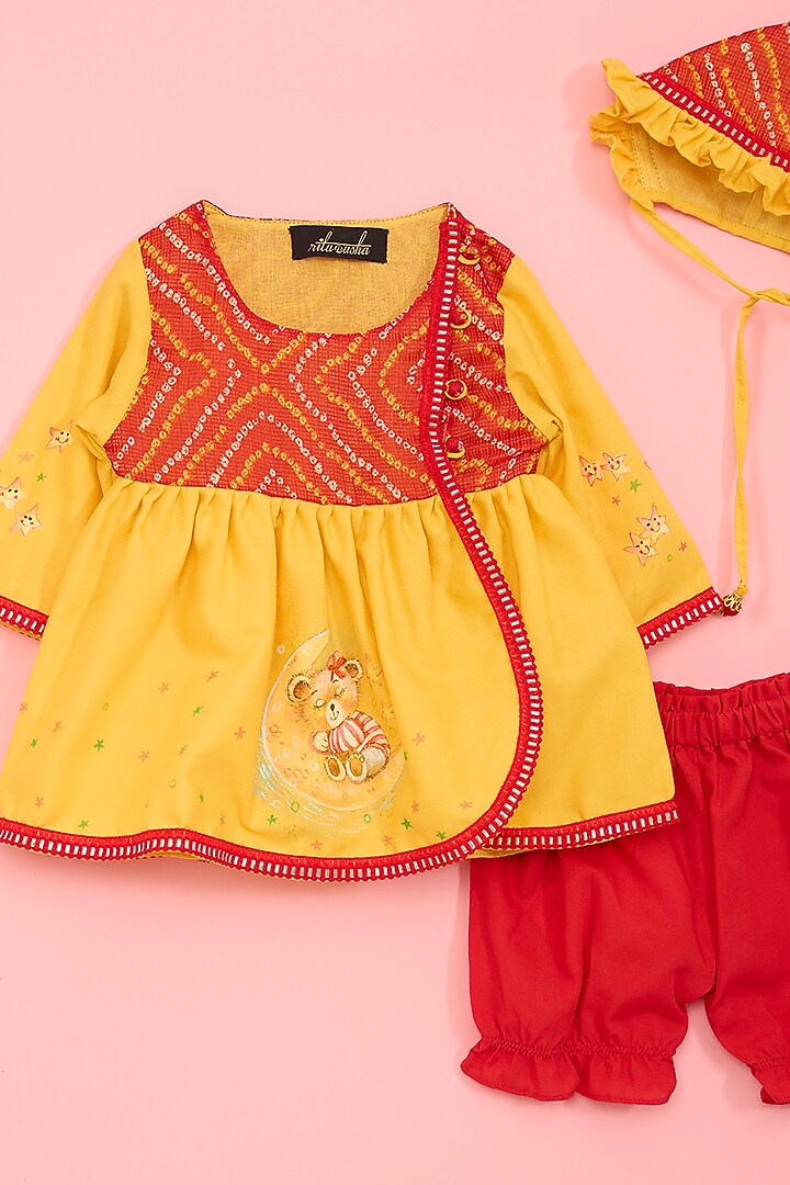 Yellow Cotton & Kota Hand Painted Kurta Set For Girls by Ritu n Usha at Pernia's Pop Up Shop