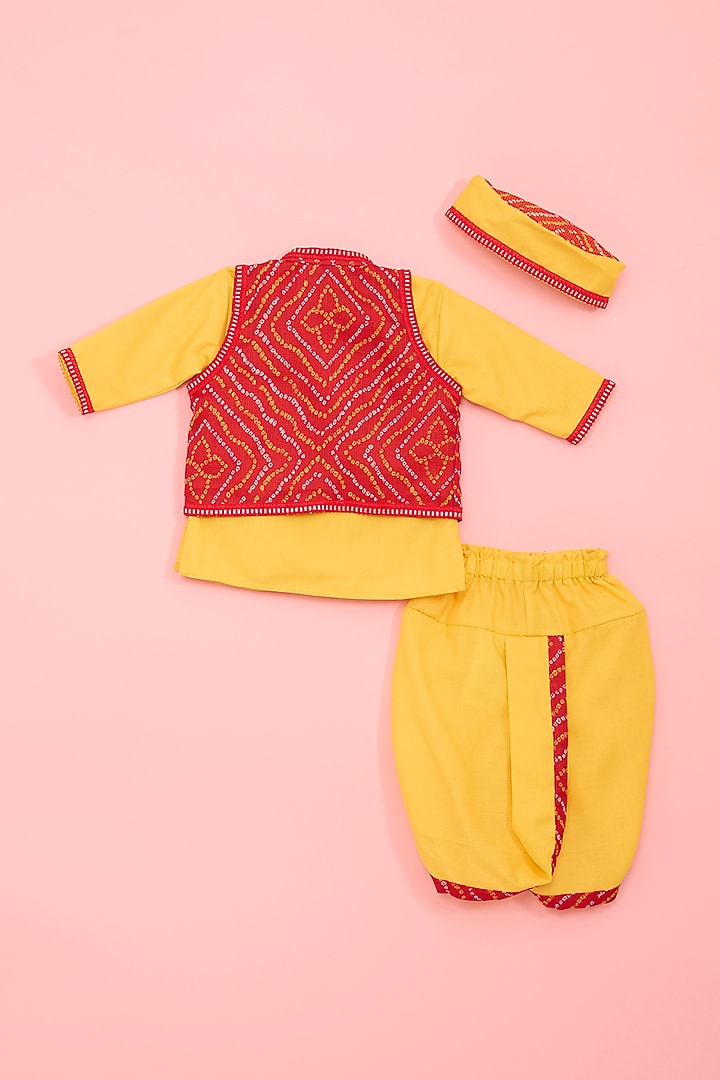 Red Kota & Cotton Bandhej Printed Nehru Jacket Set For Boys by Ritu n Usha at Pernia's Pop Up Shop