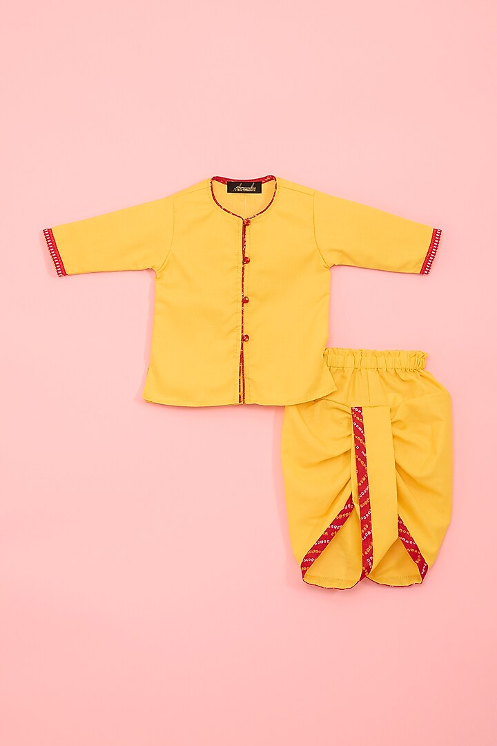 Red Kota & Cotton Bandhej Printed Nehru Jacket Set For Boys by Ritu n Usha at Pernia's Pop Up Shop