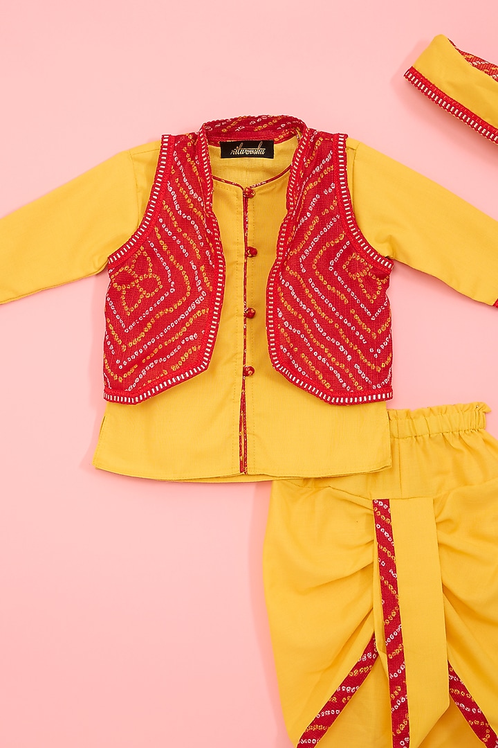 Red Kota & Cotton Bandhej Printed Nehru Jacket Set For Boys by Ritu n Usha at Pernia's Pop Up Shop