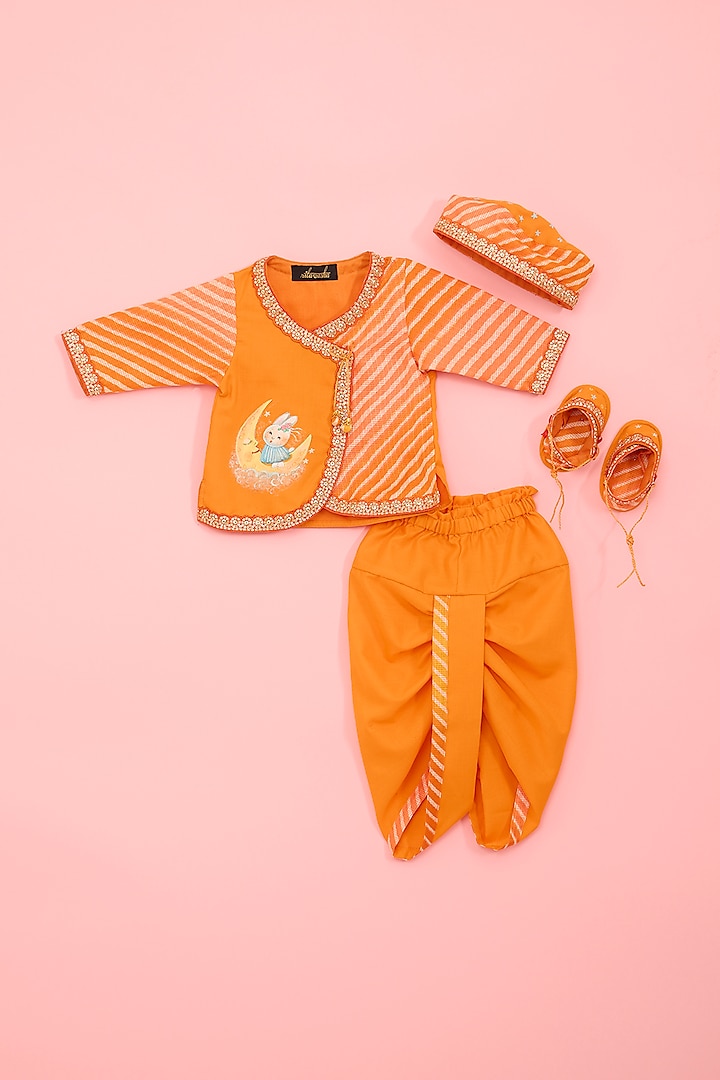 Orange Kota & Cotton Hand Painted Kurta Set For Boys by Ritu n Usha at Pernia's Pop Up Shop