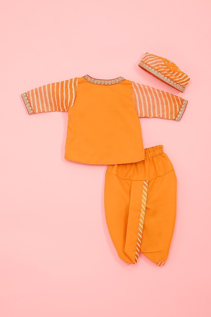 Orange Kota & Cotton Hand Painted Kurta Set For Boys by Ritu n Usha at Pernia's Pop Up Shop