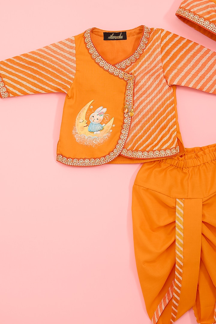 Orange Kota & Cotton Hand Painted Kurta Set For Boys by Ritu n Usha at Pernia's Pop Up Shop