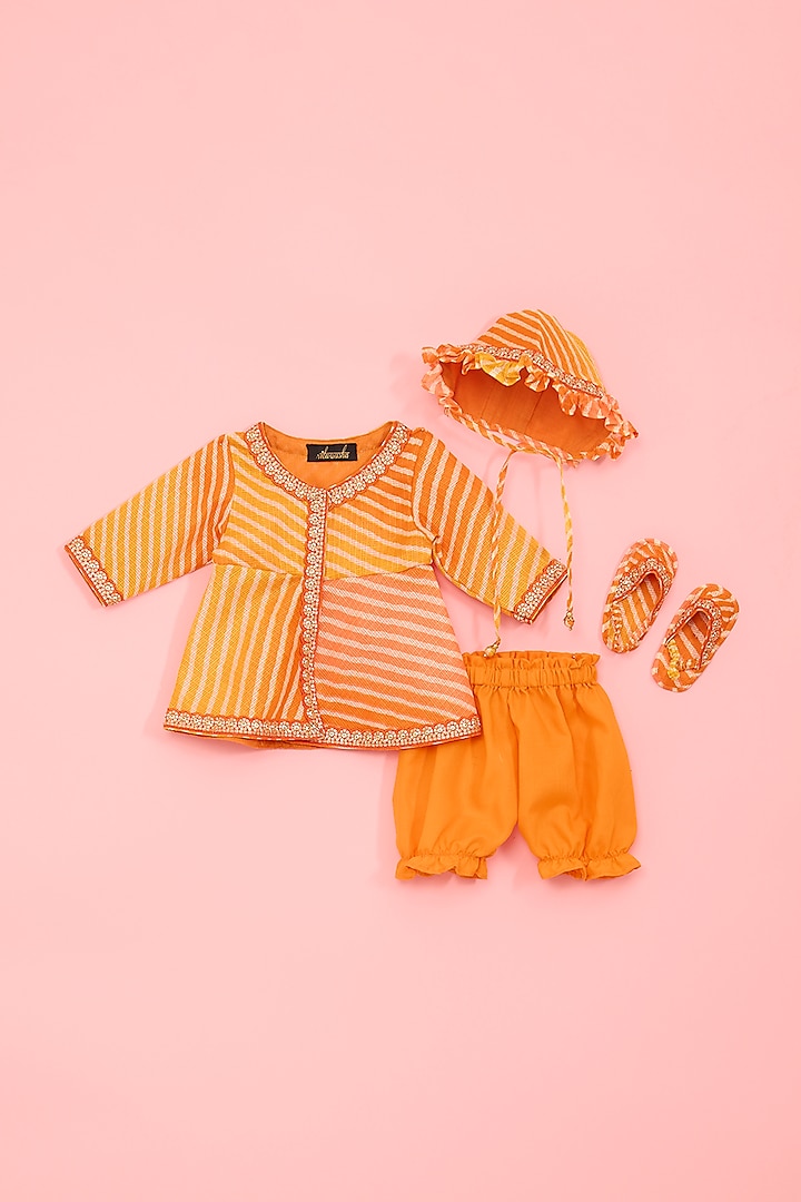 Orange & Yellow Kota & Cotton Leheriya Printed Kurta Set For Girls by Ritu n Usha at Pernia's Pop Up Shop