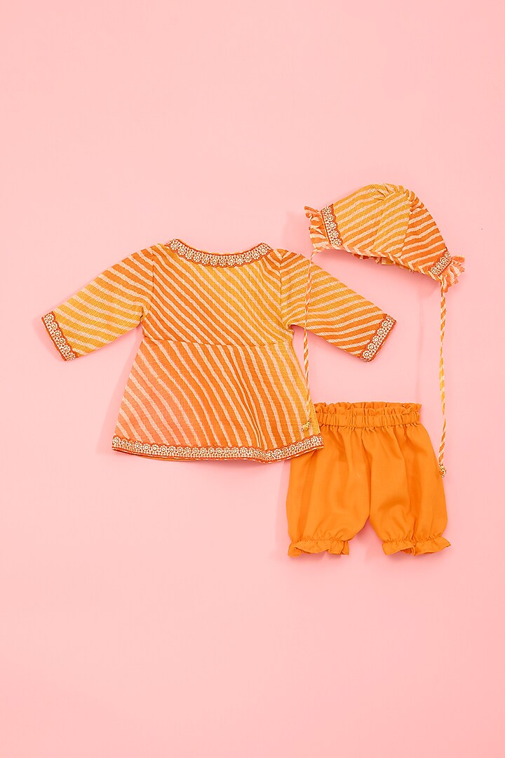 Orange & Yellow Kota & Cotton Leheriya Printed Kurta Set For Girls by Ritu n Usha at Pernia's Pop Up Shop