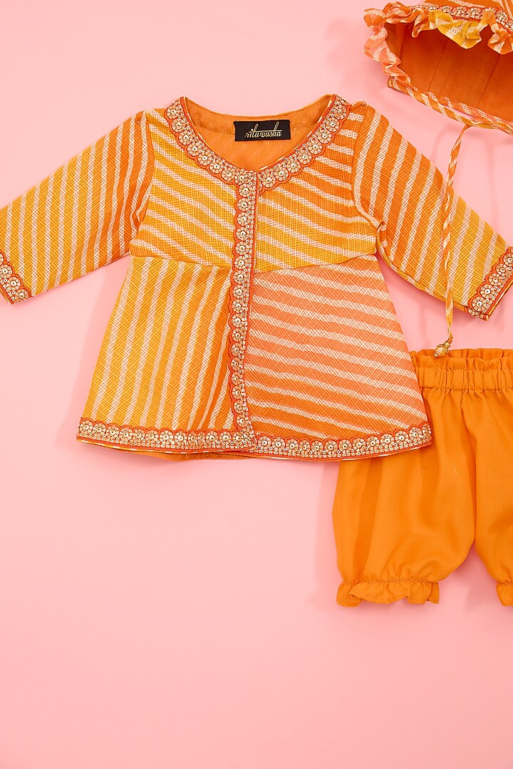 Orange & Yellow Kota & Cotton Leheriya Printed Kurta Set For Girls by Ritu n Usha at Pernia's Pop Up Shop