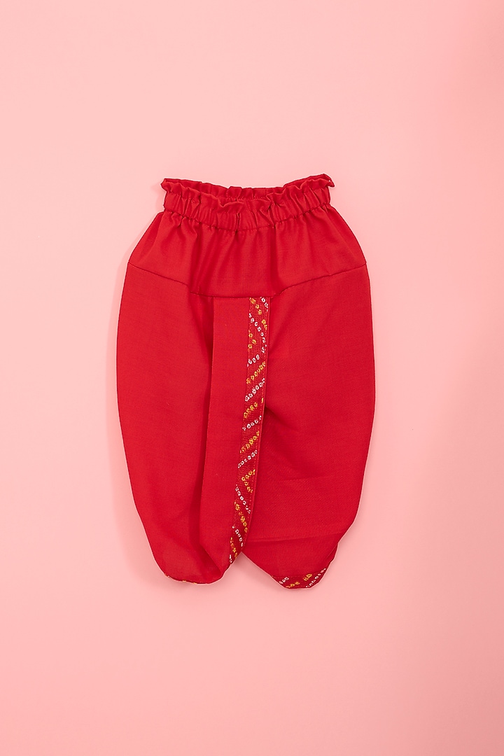 Red Kota & Cotton Bandhej Printed Angrakha Kurta Set For Boys by Ritu n Usha at Pernia's Pop Up Shop