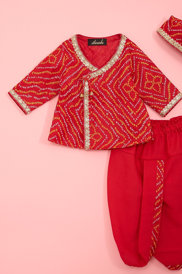 Red Kota & Cotton Bandhej Printed Angrakha Kurta Set For Boys by Ritu n Usha at Pernia's Pop Up Shop