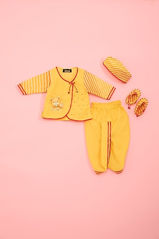 Yellow Kota & Cotton Hand-Painted Kurta Set For Boys by Ritu n Usha