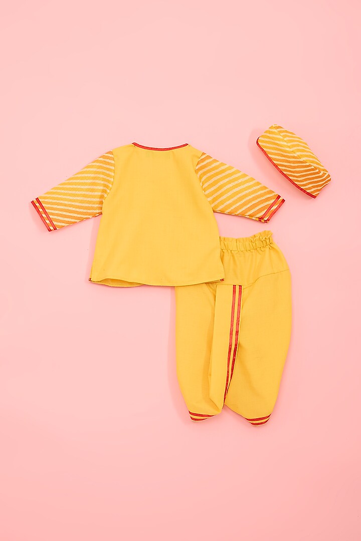 Yellow Kota & Cotton Hand-Painted Kurta Set For Boys by Ritu n Usha at Pernia's Pop Up Shop