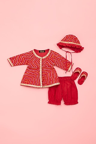Red Kota & Cotton Bandhej Printed Kurta Set For Girls by Ritu n Usha
