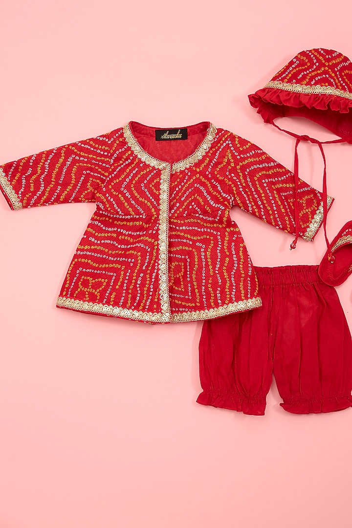 Red Kota & Cotton Bandhej Printed Kurta Set For Girls by Ritu n Usha at Pernia's Pop Up Shop