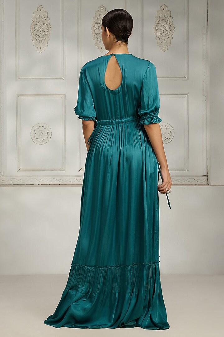 Teal Satin Bead Embellished Gown by Rivaar by rocky star at Pernia's Pop Up Shop