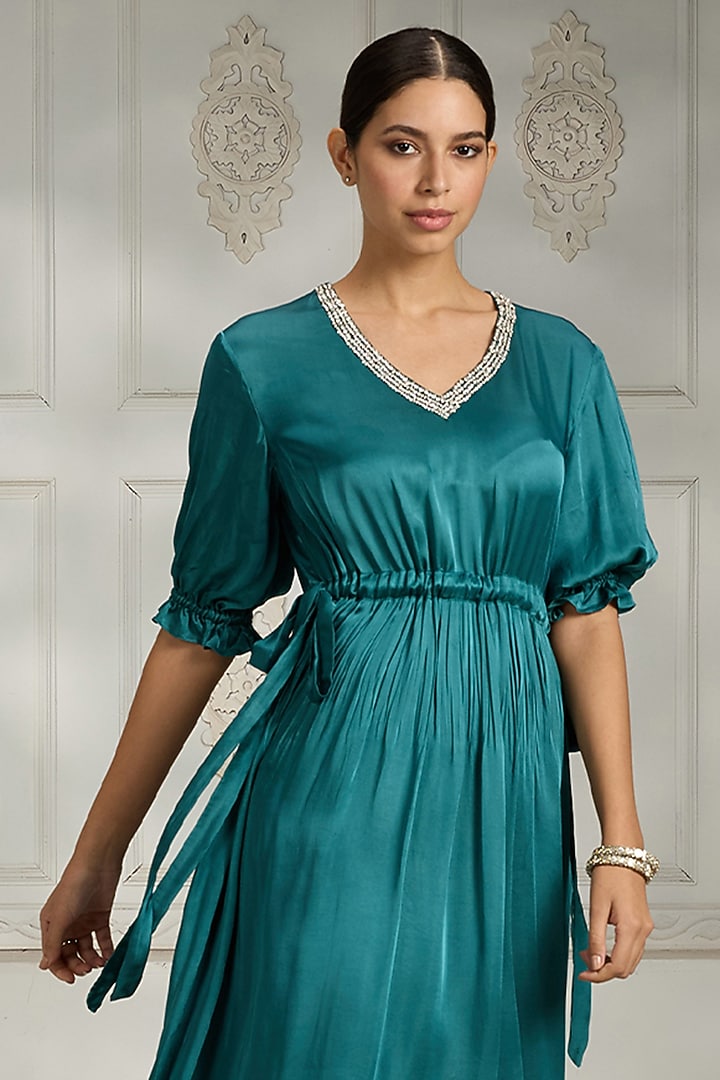 Teal Satin Bead Embellished Gown by Rivaar by rocky star at Pernia's Pop Up Shop