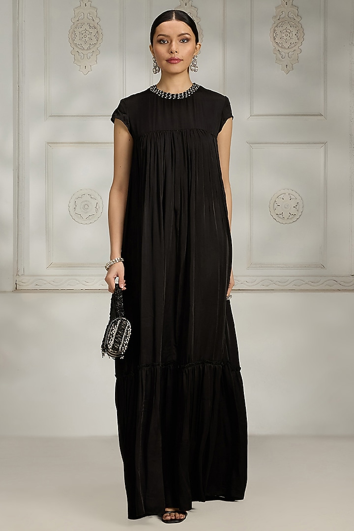 Black Satin Bead Embellished Gown by Rivaar by rocky star at Pernia's Pop Up Shop