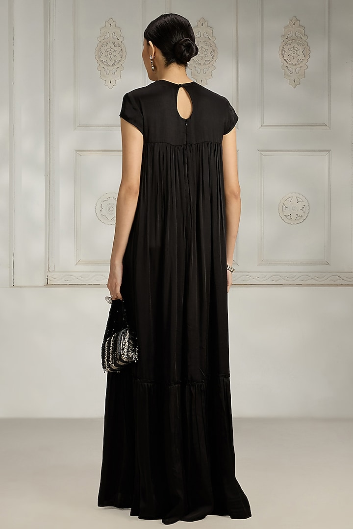 Black Satin Bead Embellished Gown by Rivaar by rocky star at Pernia's Pop Up Shop