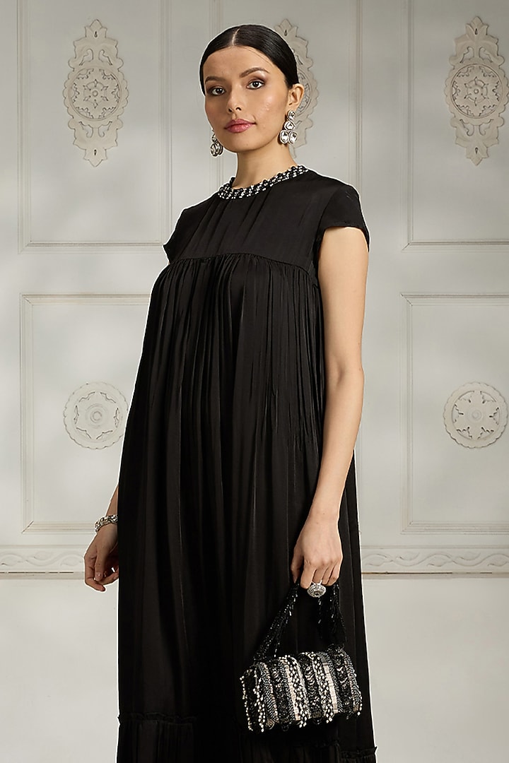 Black Satin Bead Embellished Gown by Rivaar by rocky star at Pernia's Pop Up Shop