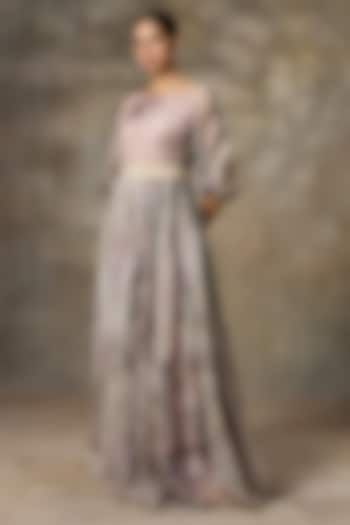 Ivory Organza Printed Party Wear Gown by Rivaar by rocky star at Pernia's Pop Up Shop