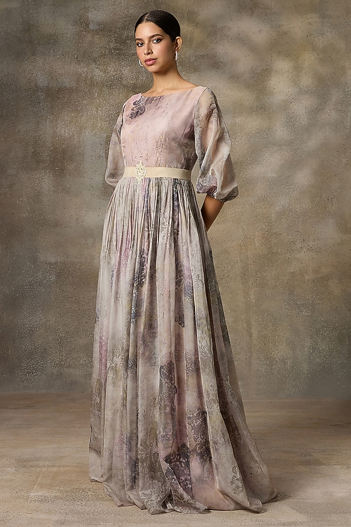 Ivory Organza Printed Party Wear Gown by Rivaar by rocky star at Pernia's Pop Up Shop