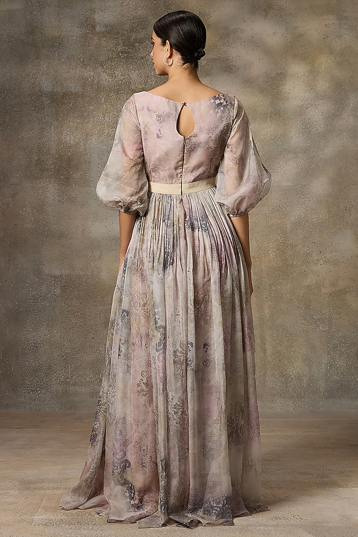 Ivory Organza Printed Party Wear Gown by Rivaar by rocky star at Pernia's Pop Up Shop