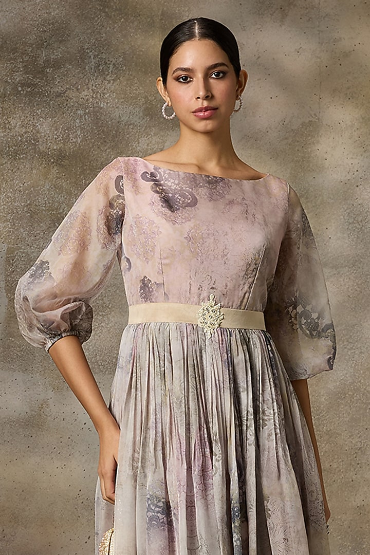Ivory Organza Printed Party Wear Gown by Rivaar by rocky star at Pernia's Pop Up Shop