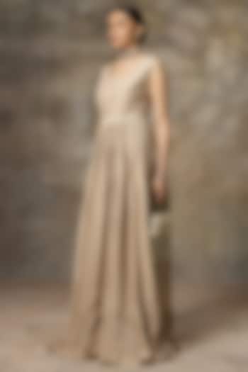 Ivory Silk Printed & Embroidered Gathered Party Wear Gown by Rivaar by rocky star at Pernia's Pop Up Shop