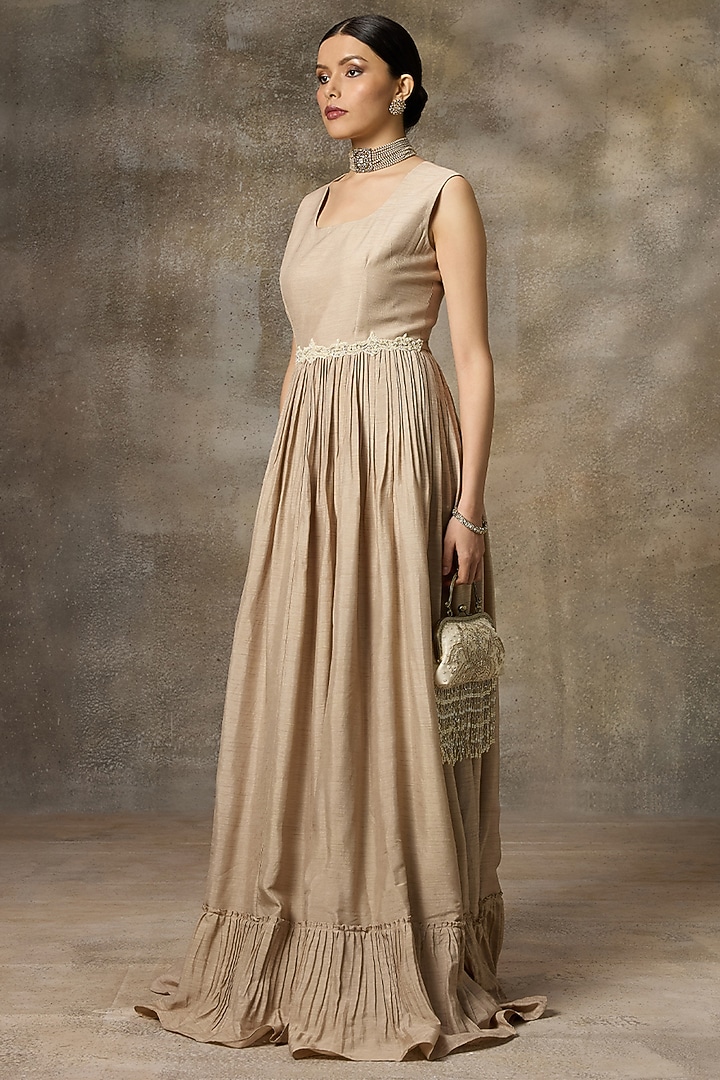 Ivory Silk Printed & Embroidered Gathered Party Wear Gown by Rivaar by rocky star at Pernia's Pop Up Shop