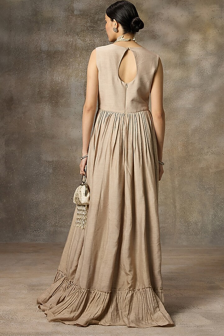 Ivory Silk Printed & Embroidered Gathered Party Wear Gown by Rivaar by rocky star at Pernia's Pop Up Shop