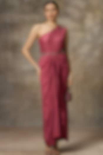 Onion Pink Silk Embellished One-Shoulder Party Wear Gown by Rivaar by rocky star at Pernia's Pop Up Shop