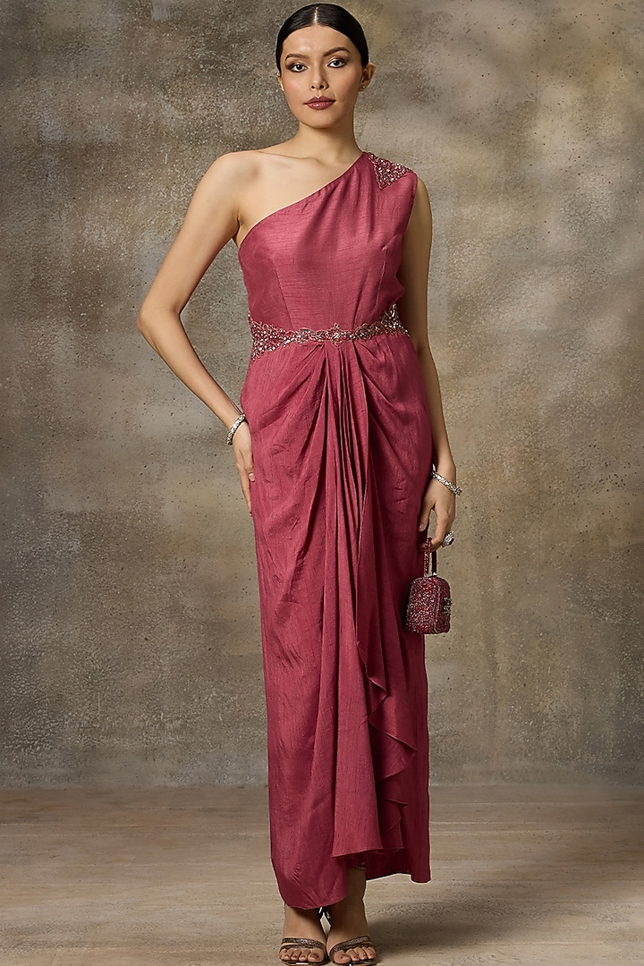 Onion Pink Silk Embellished One-Shoulder Party Wear Gown by Rivaar by rocky star at Pernia's Pop Up Shop