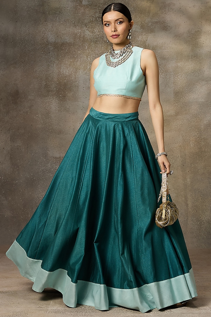Teal Silk Lehenga Set by Rivaar by rocky star at Pernia's Pop Up Shop