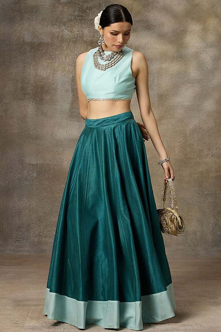 Teal Silk Lehenga Set by Rivaar by rocky star at Pernia's Pop Up Shop