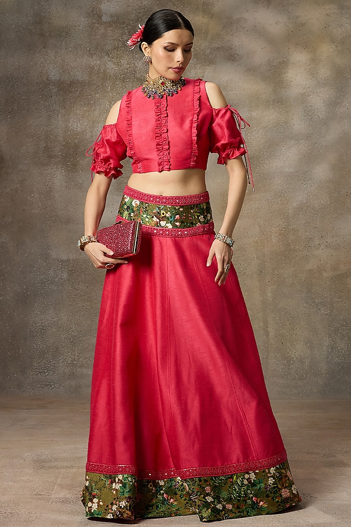 Fuschia Silk Printed Lehenga Set by Rivaar by rocky star at Pernia's Pop Up Shop