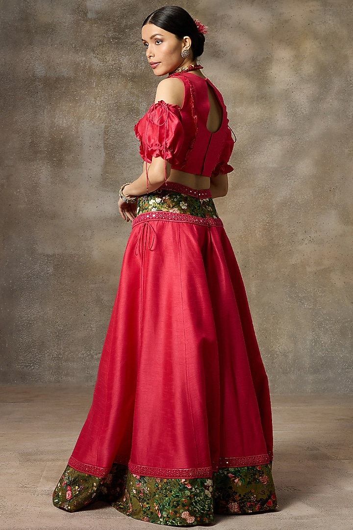 Fuschia Silk Printed Lehenga Set by Rivaar by rocky star at Pernia's Pop Up Shop