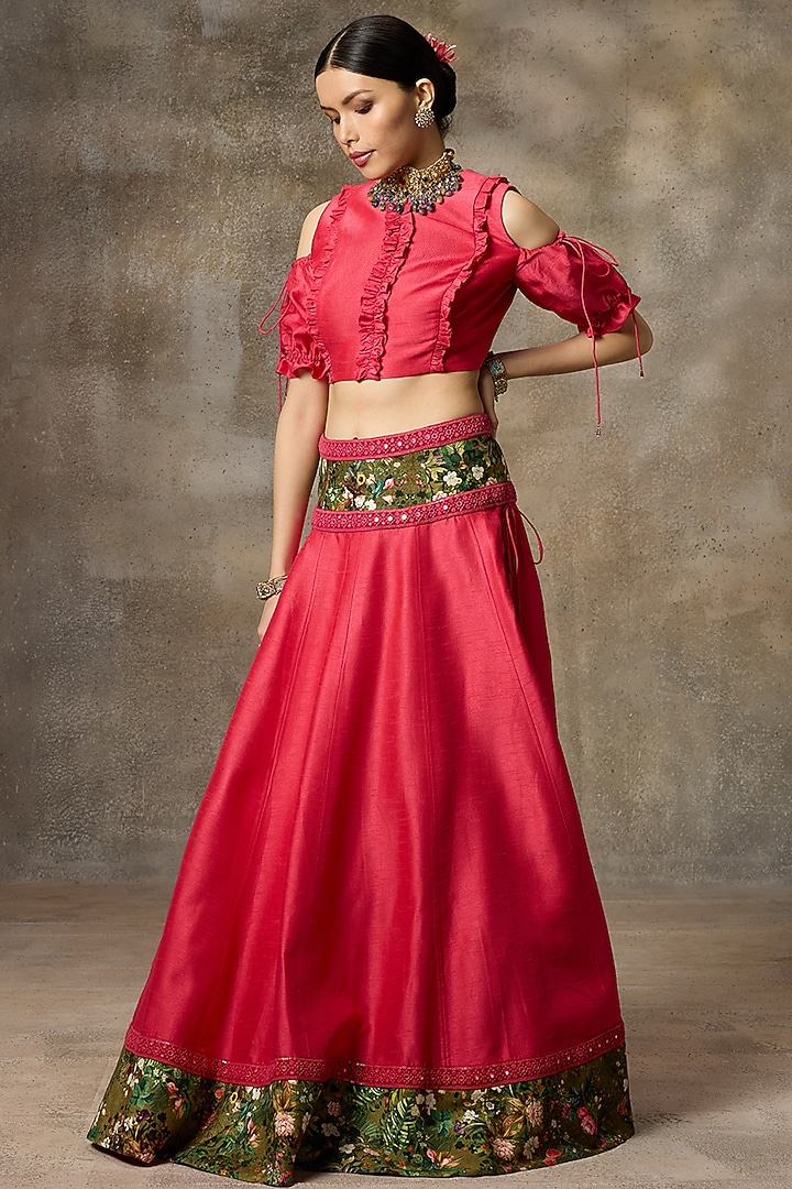 Fuschia Silk Printed Lehenga Set by Rivaar by rocky star at Pernia's Pop Up Shop