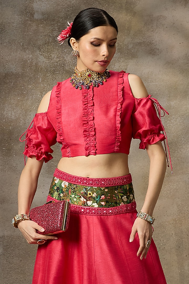 Fuschia Silk Printed Lehenga Set by Rivaar by rocky star at Pernia's Pop Up Shop