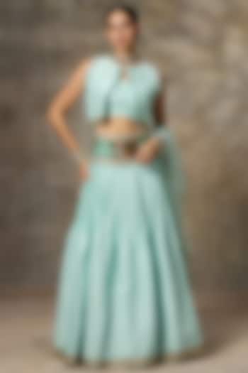 Sky Blue Silk Hand Embroidered Lehenga Set by Rivaar by rocky star at Pernia's Pop Up Shop